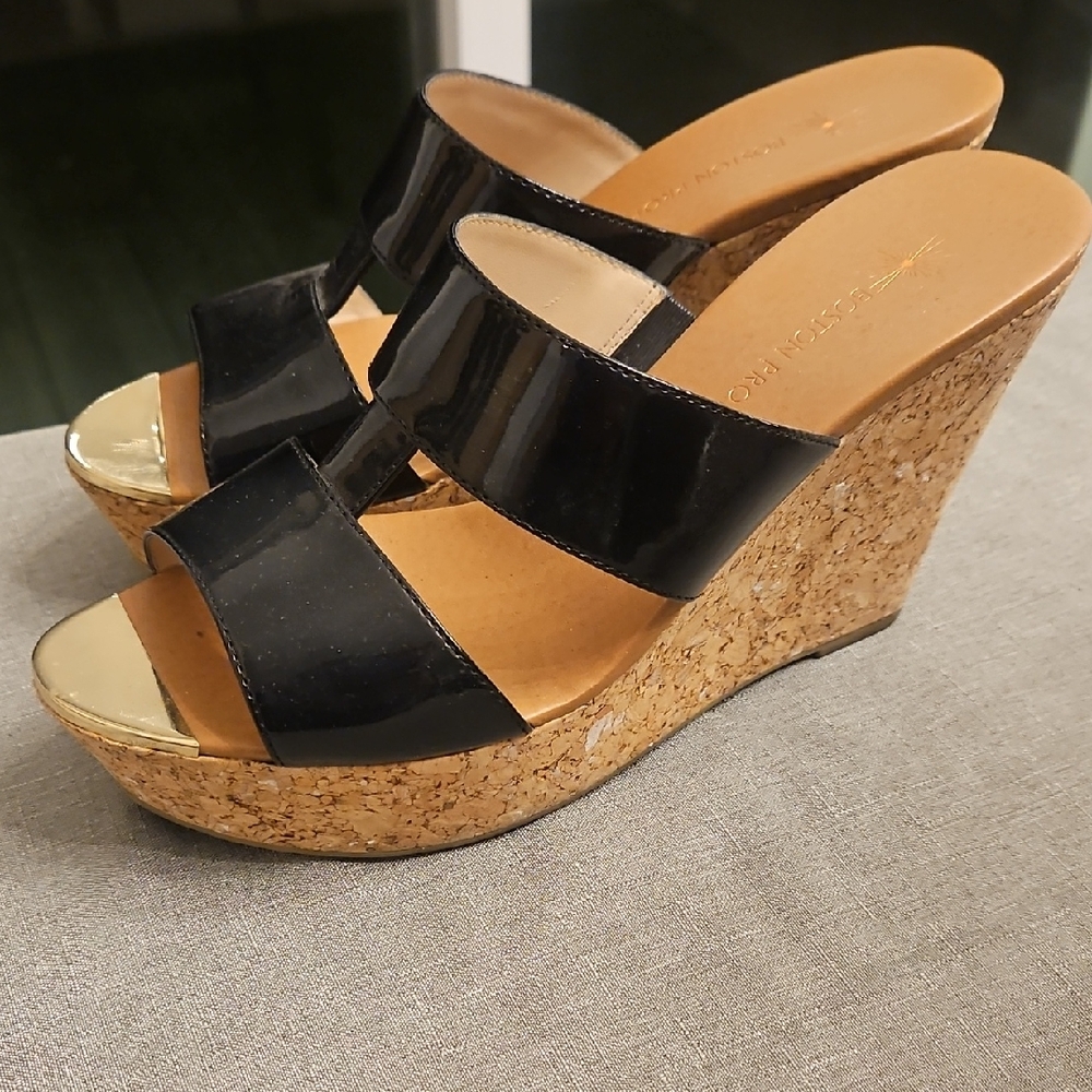 Boston Proper Black and Gold Cork Wedges